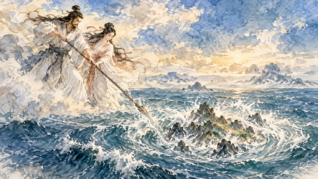 イザナギとイザナミが天沼矛で海をかき混ぜ、国生みの始まりを描いた水彩風の挿絵