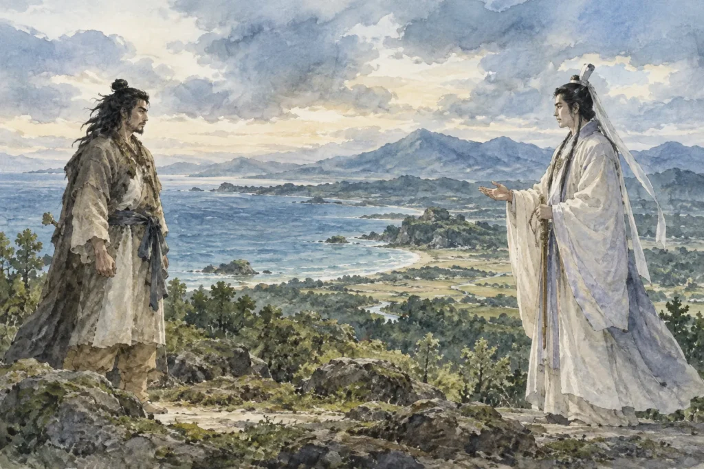 出雲の海辺で国譲りの継承をめぐって神々が向き合う場面を描いた水彩風の挿絵