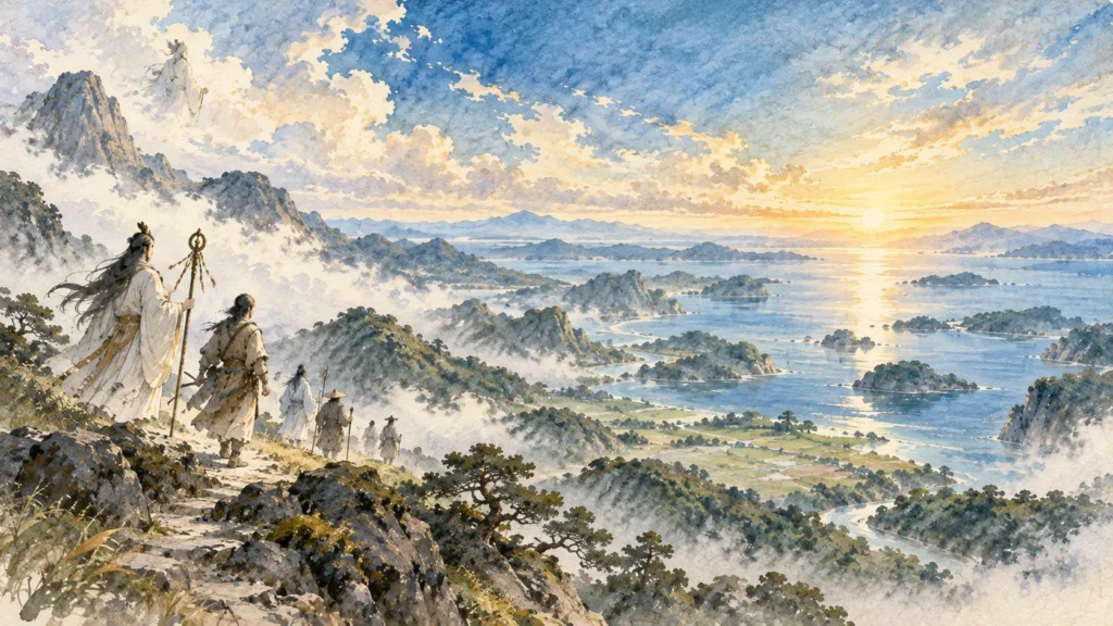日本神話の流れを象徴する、天上から地上へ広がる山河と神々の気配を水彩で描いたアイキャッチ画像