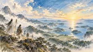 日本神話の流れを象徴する、天上から地上へ広がる山河と神々の気配を水彩で描いたアイキャッチ画像