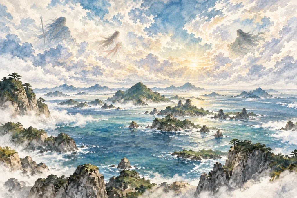 日本神話の天地・海・大地と神々の気配を描いた水彩イラスト